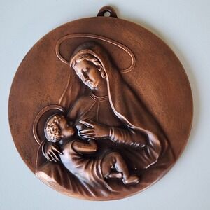 Vintage Madonna And‎ Child Jesus Religious Wall Plaque Copper Decor Virgin Mary